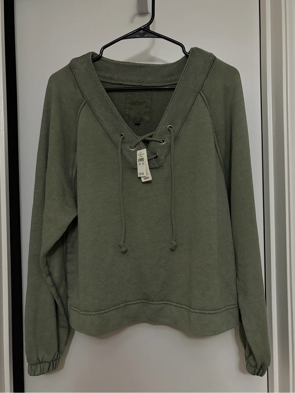 Aerie Lace-Up V-Neck Boxy Oversized Sweatshirt - Olive Green - Size Small